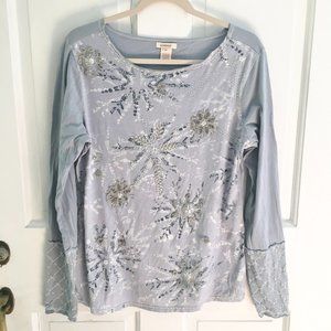 SUNDANCE Blue Beaded Long Sleeve Top SZ M